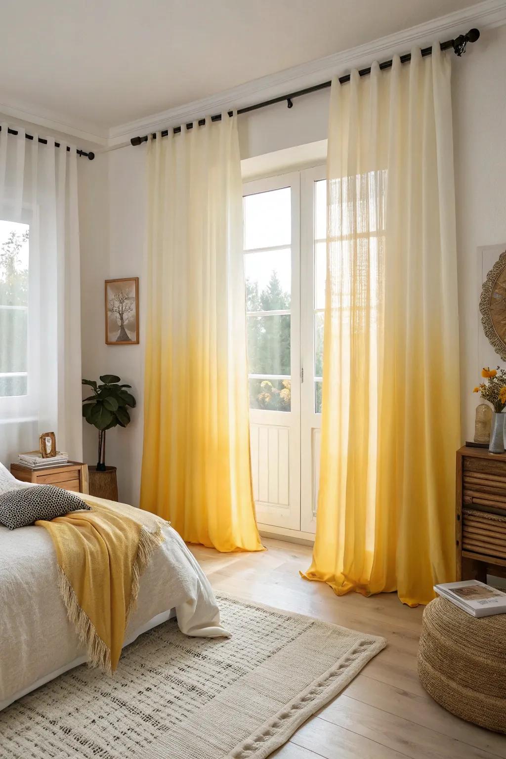 Ombre yellow window coverings create a refined gradient effect in the bedroom.