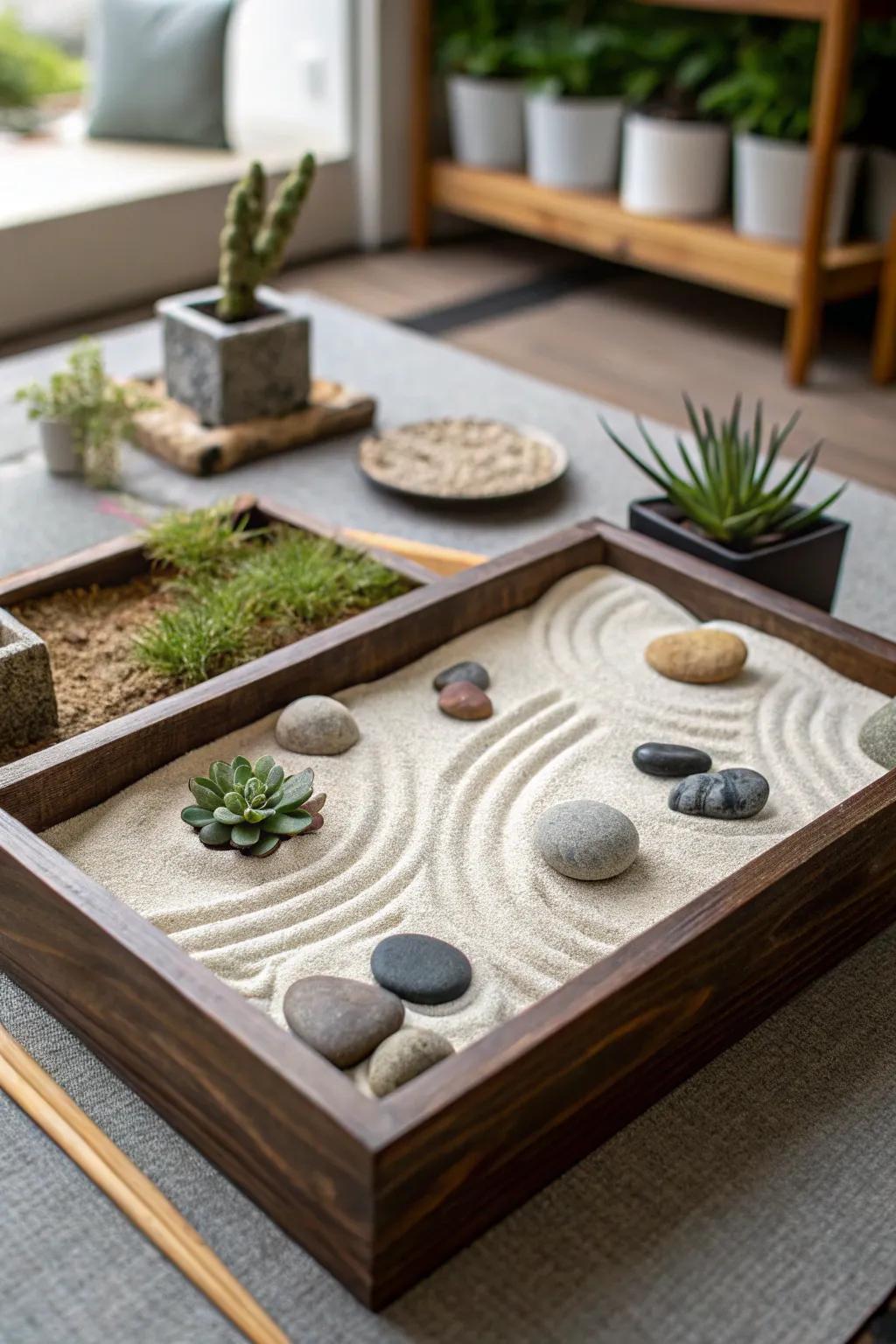 A tabletop zen garden introduces a touch of calm.