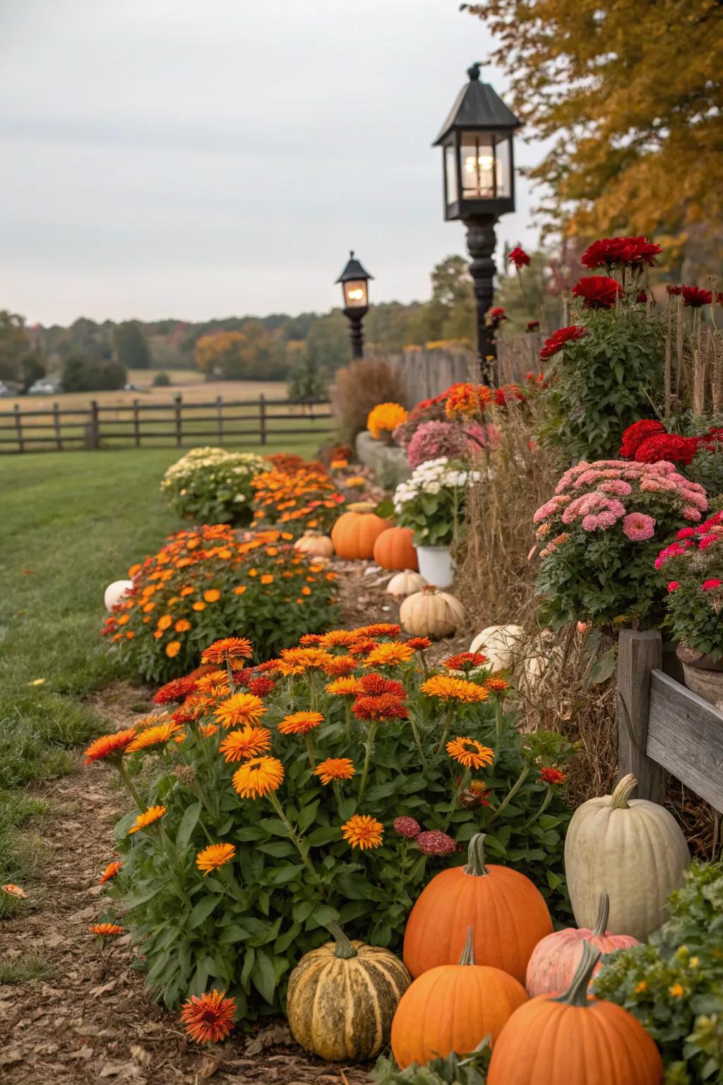 Seasonal allure in a zinnia display with pumpkins and lights.