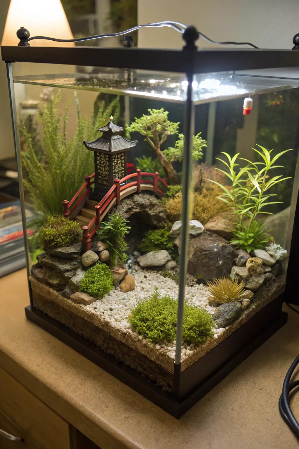 Enjoy the visual interest of a water-based miniature garden.