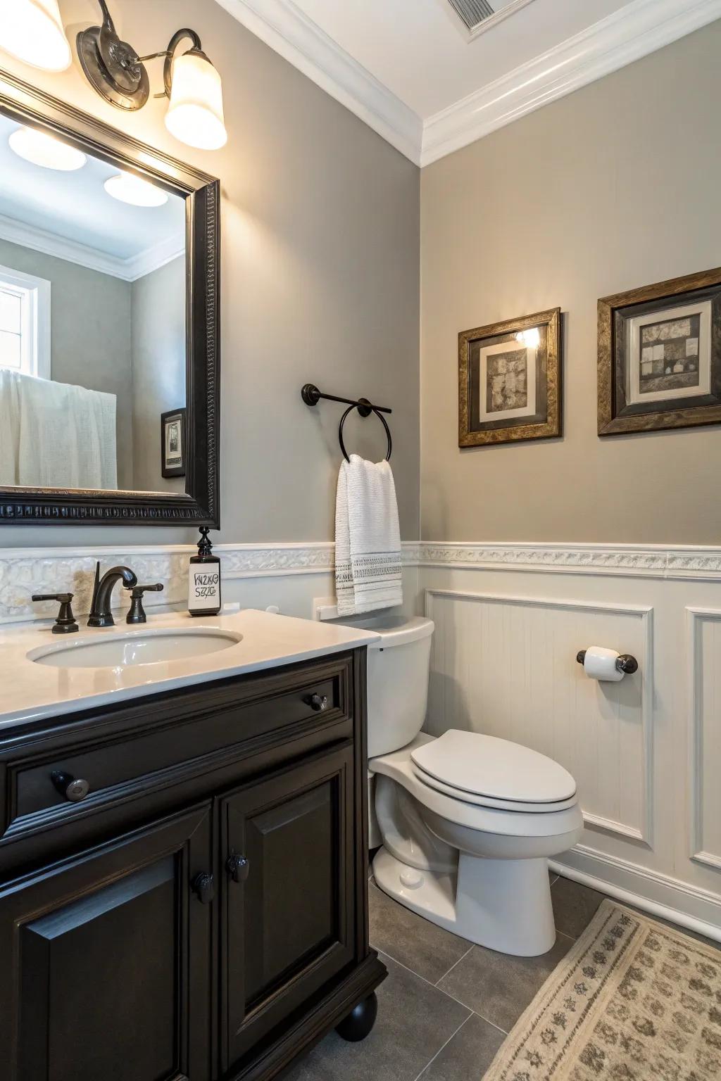 Dark fixtures bring out contrast in this light-filled powder room.