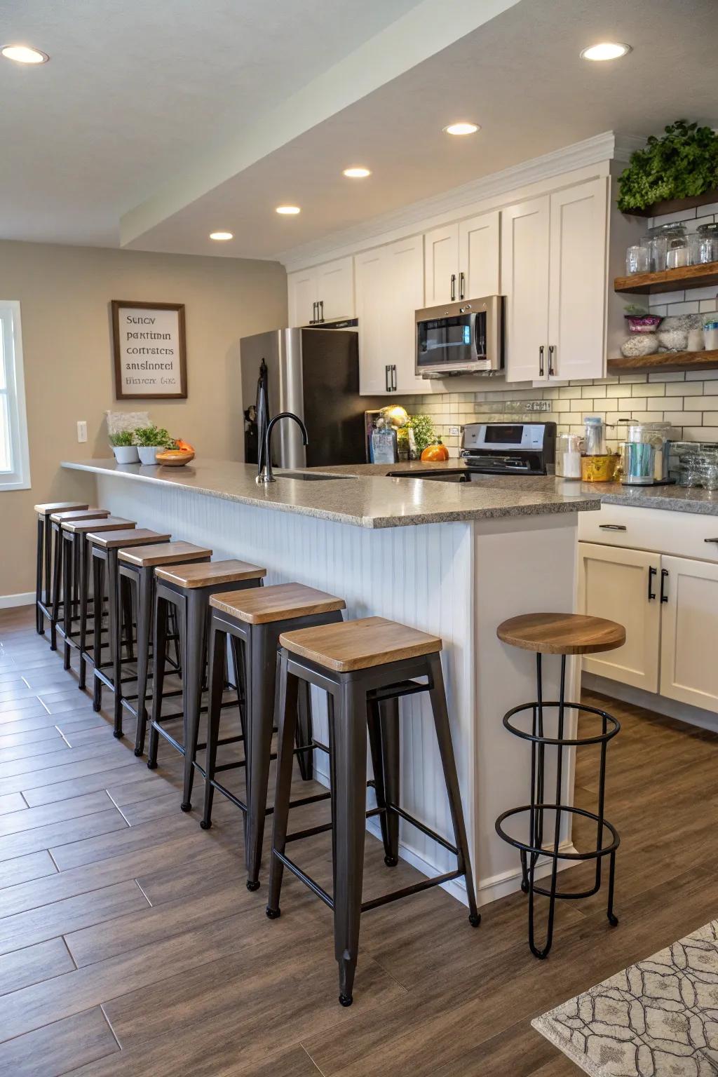 Flexible seating options offer versatility and save space in your kitchen.