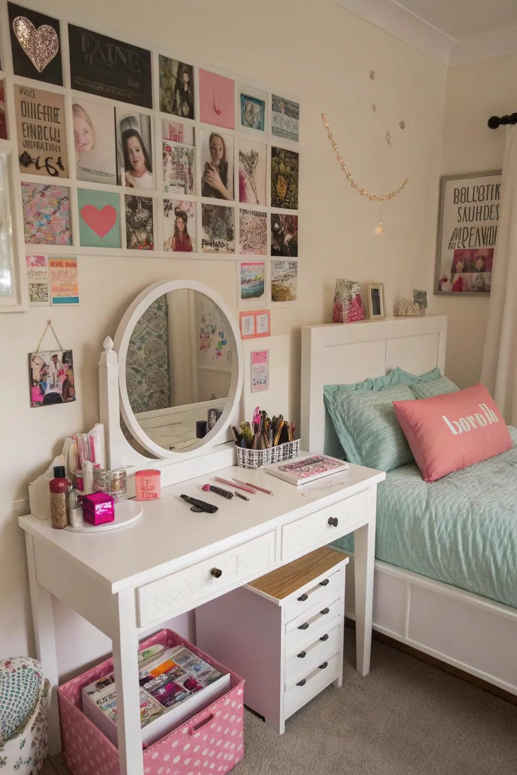 A chic vanity zone ideal for vogue experimentation.