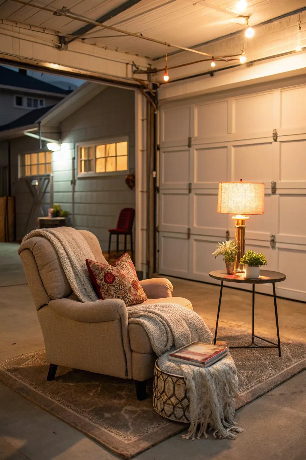 Transform your garage into a cozy space by setting up a special lounge area.