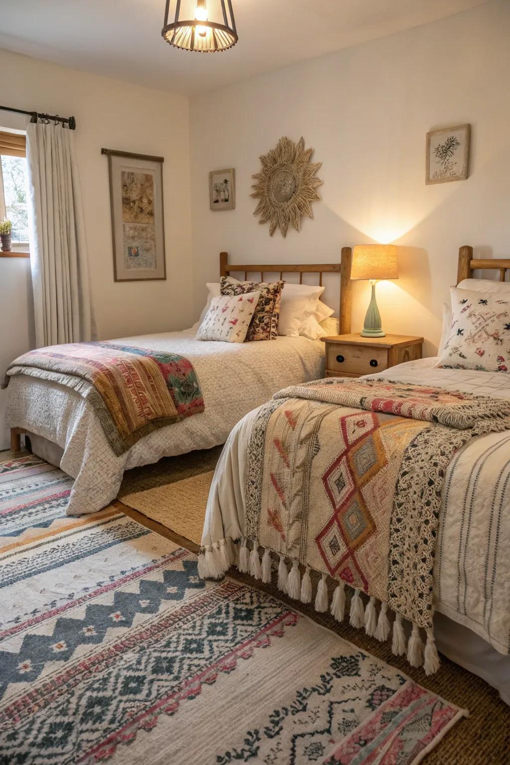 Arranged textiles for depth and warmth.