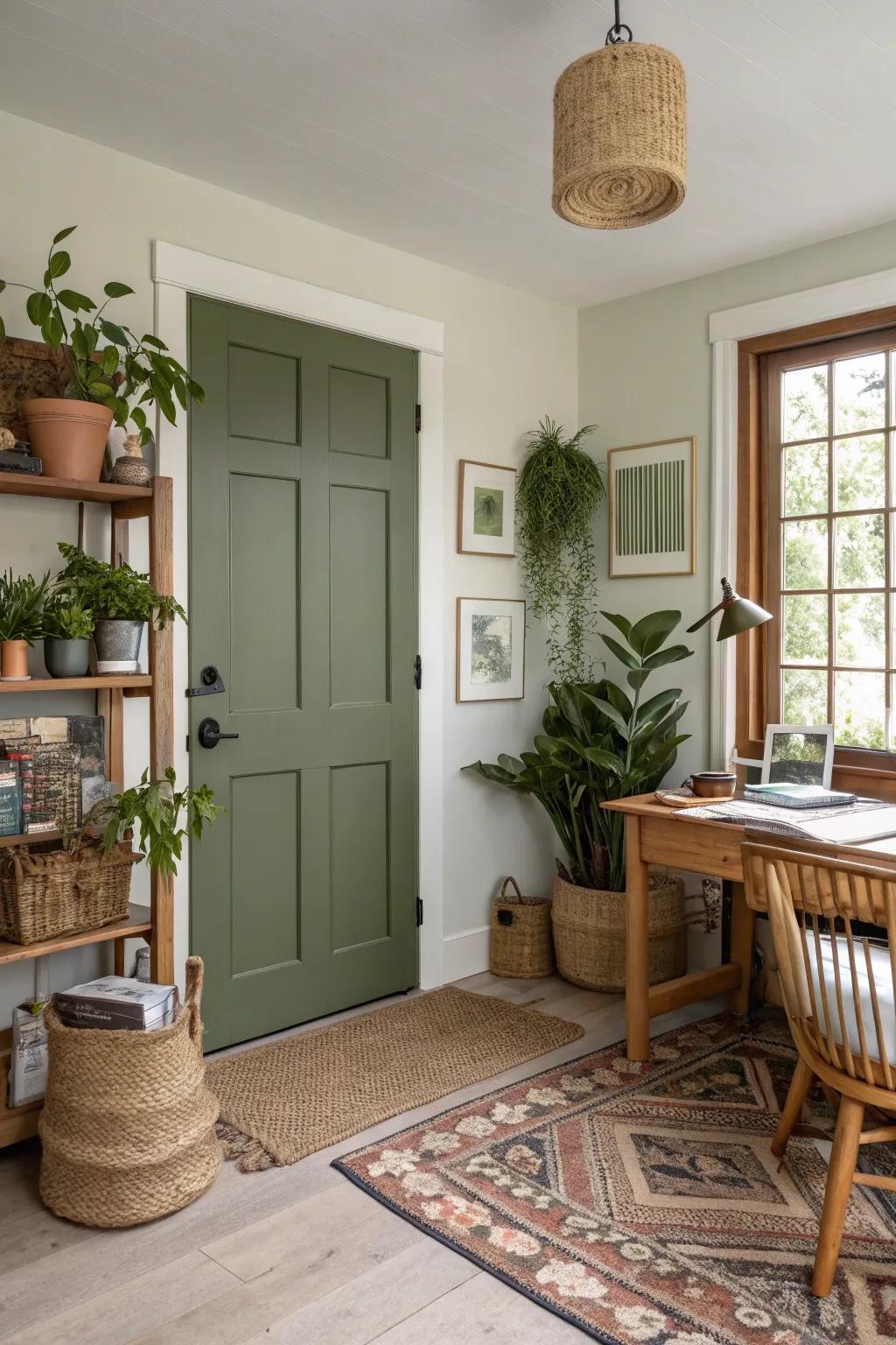 An olive green 6-panel door adds a natural element to this home-based office.