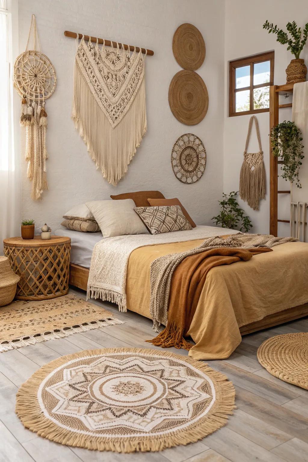 Artisan inspired fabrics add warmth and a carefree vibe to the space.