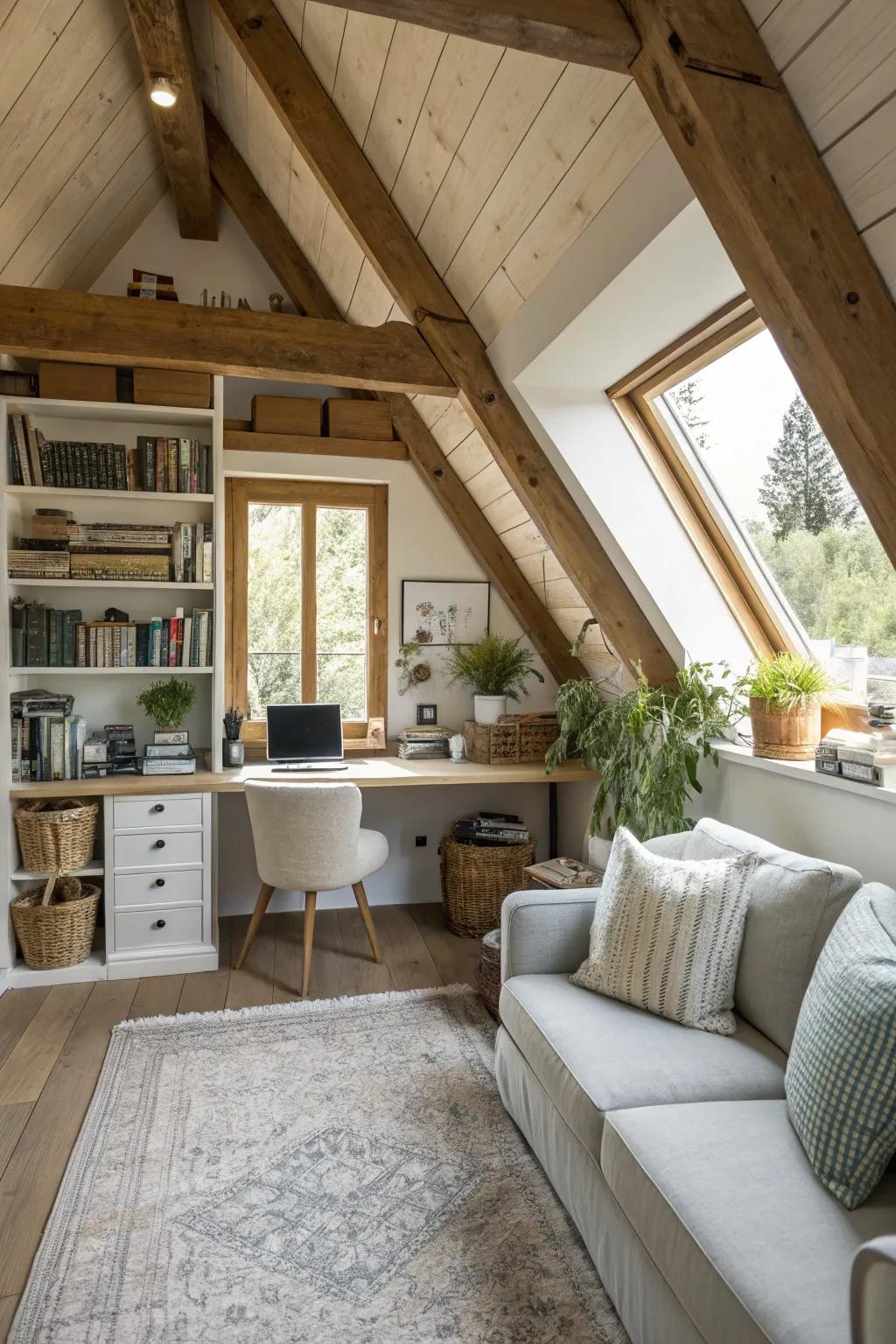 Forge a secluded home office within your attic for concentrated work.