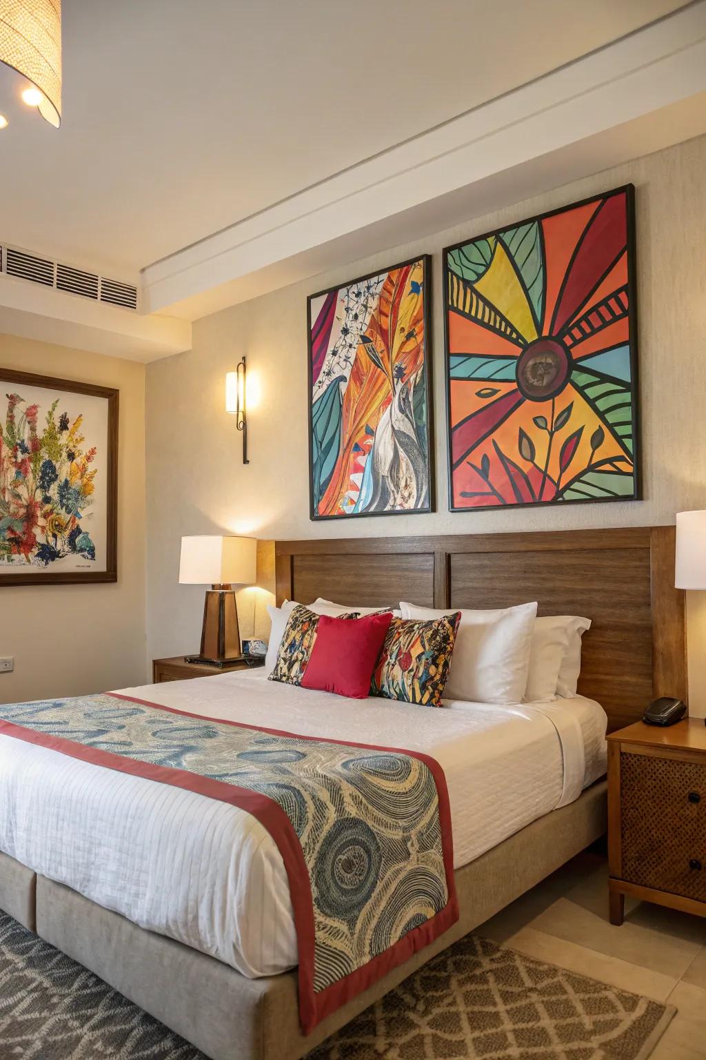 Colorful abstract art enlivens the space above the bed.