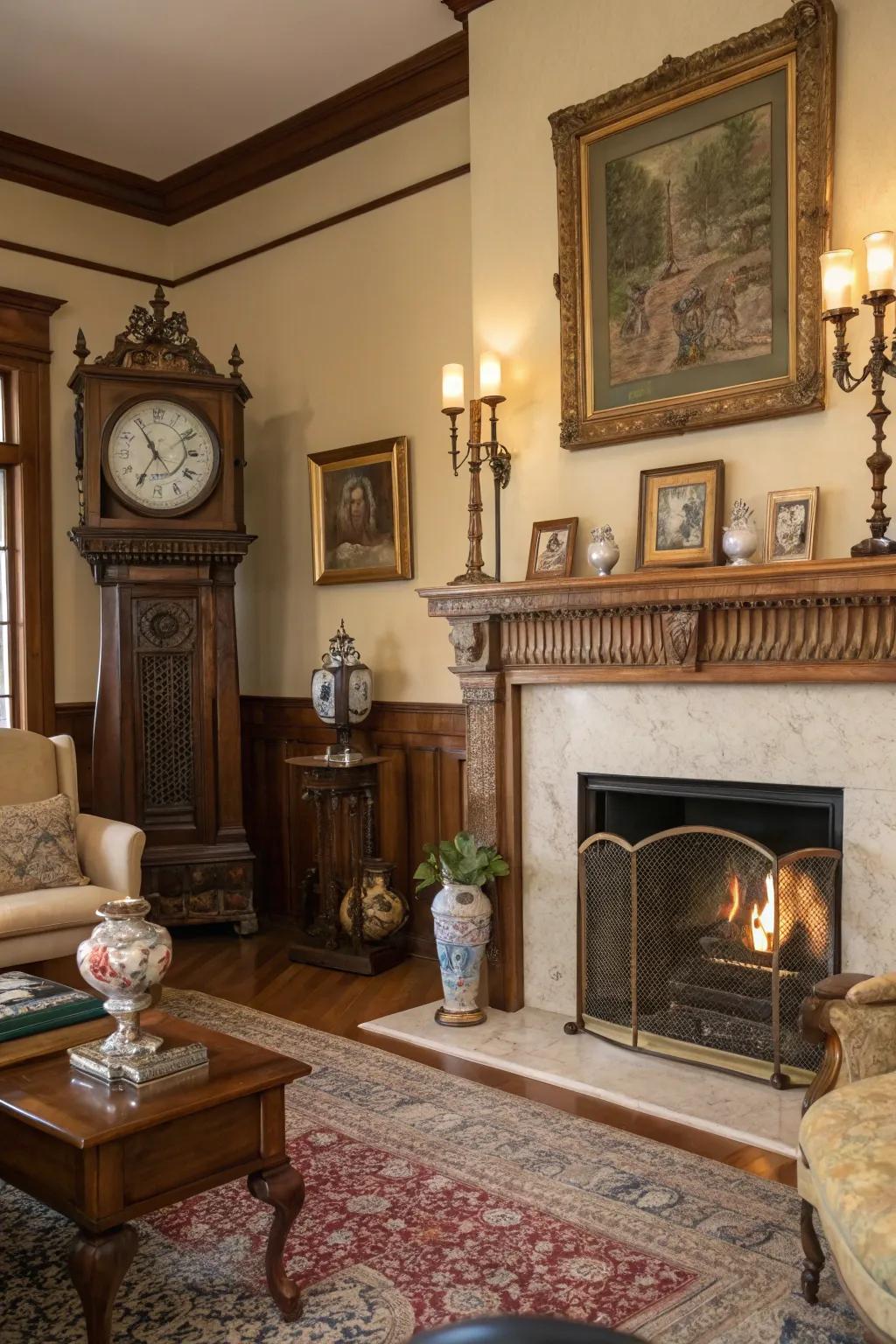 Vintage items introduce timeless charm and character above the fireplace.