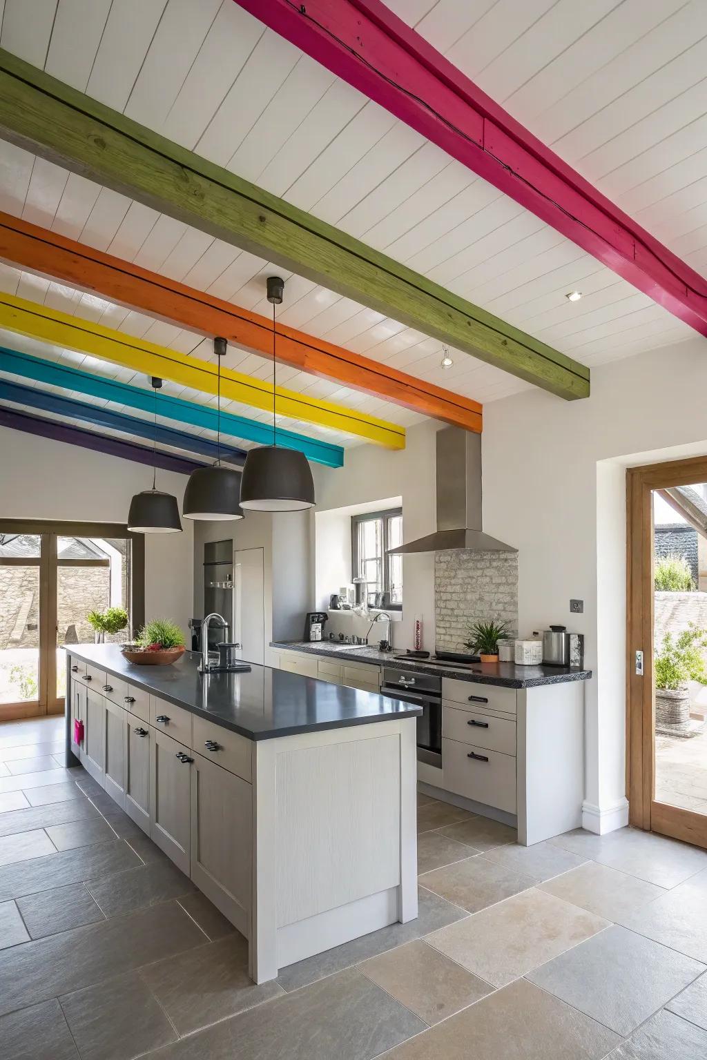 Colored beams bring vibrant contrast to this chic kitchen.