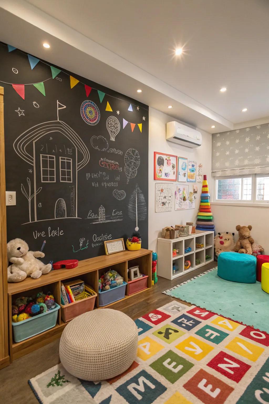 A playful playroom featuring a fun chalkboard feature wall.