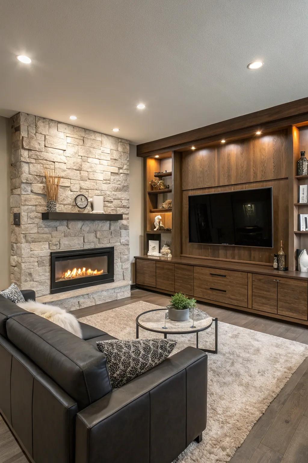 A hidden TV balances aesthetics with functionality.