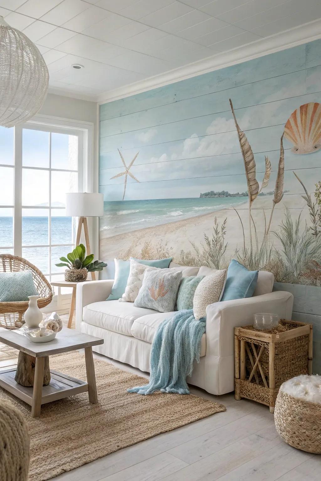 Evoke calmness using understated seaside murals.