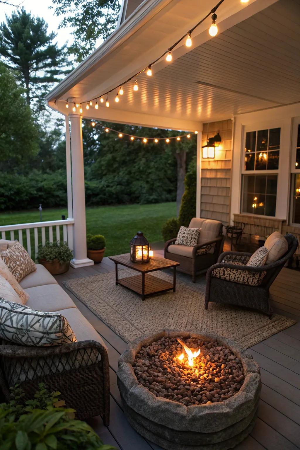 A comfortable porch featuring a warm and inviting fire element.