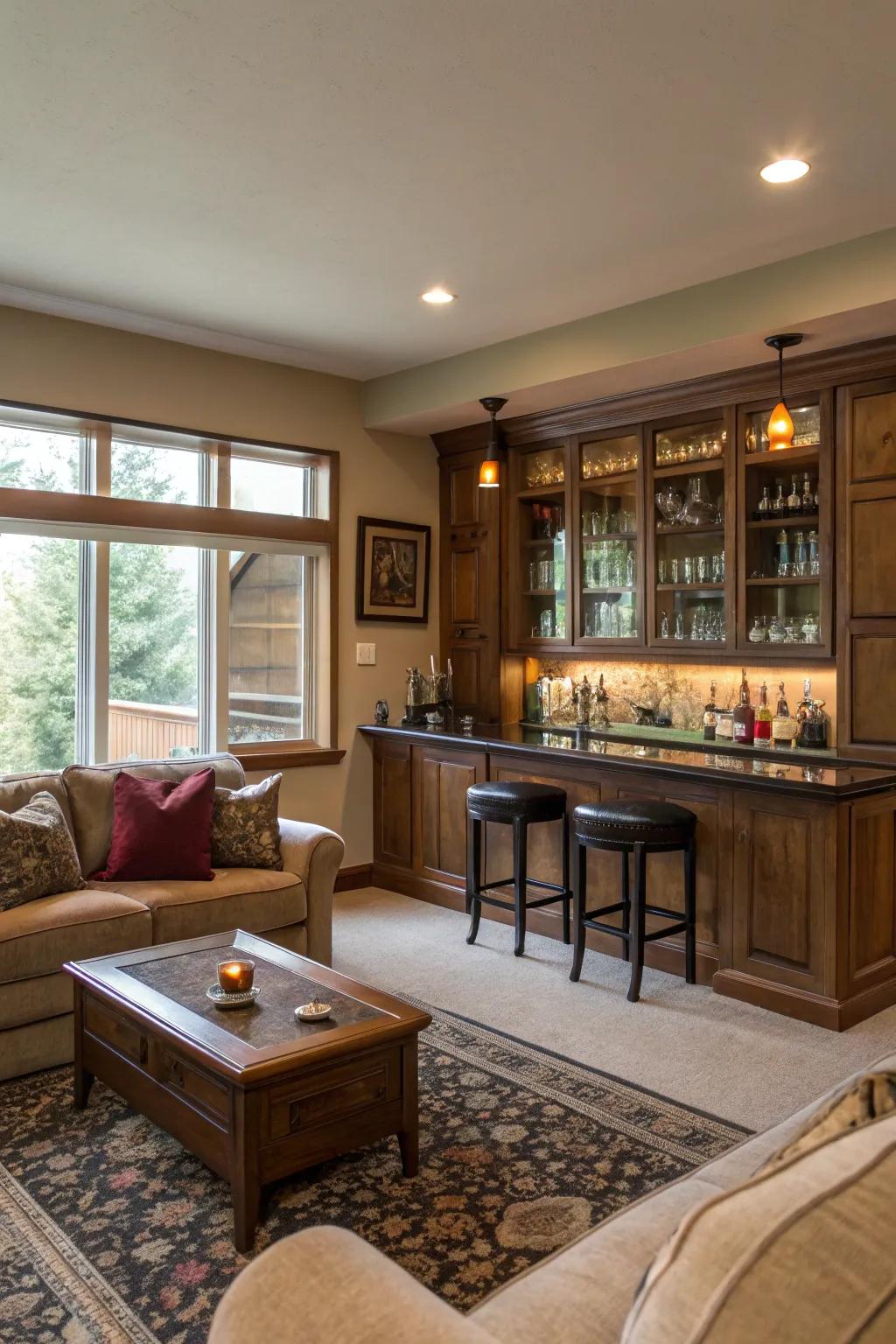 A living area enhanced with a chic personal bar.