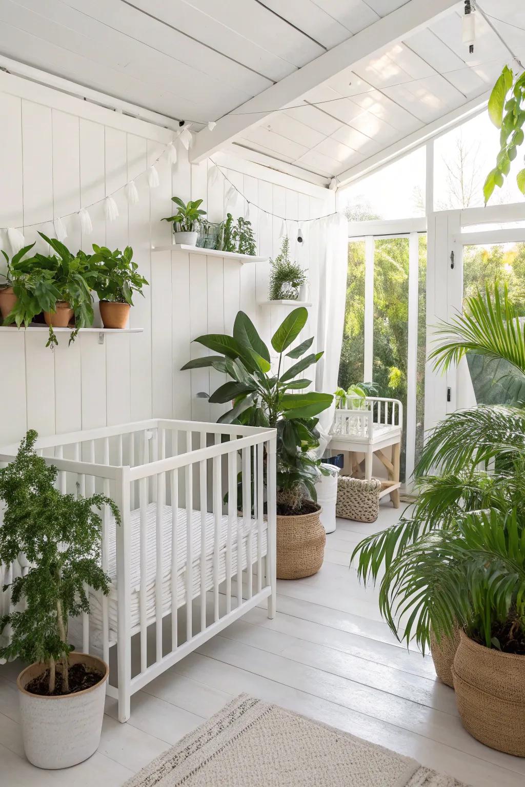 Organic touches bring life to a serene white nursery.