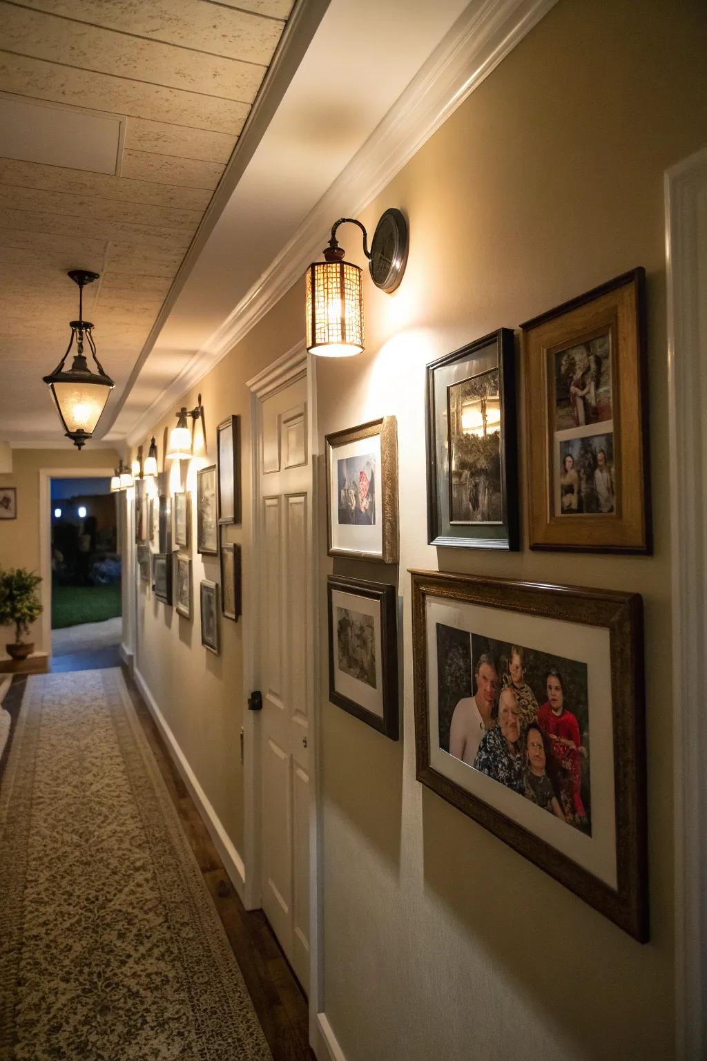 A hallway featuring picture lights showcasing family photos.