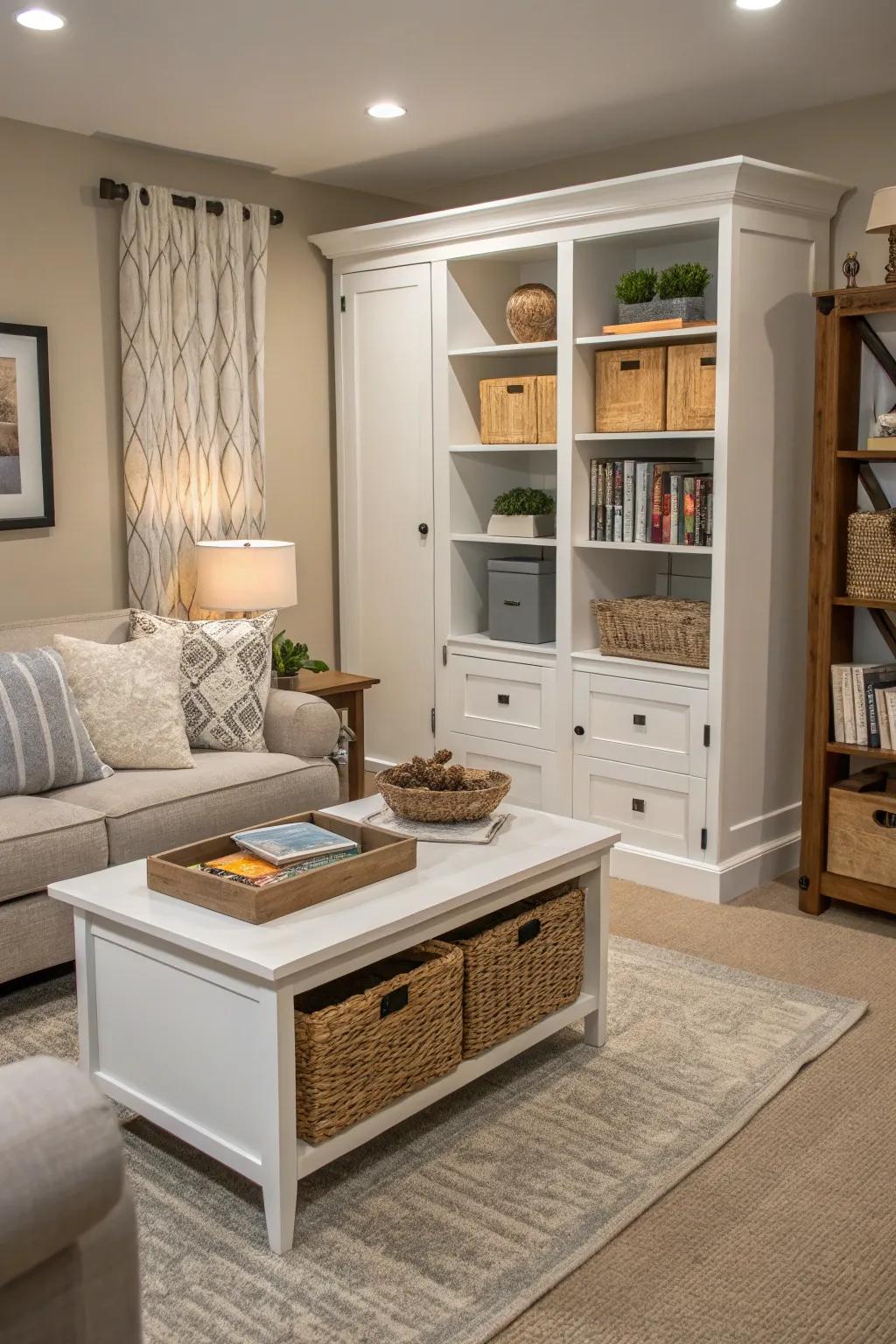 Storage keeps this living room clean and organized.