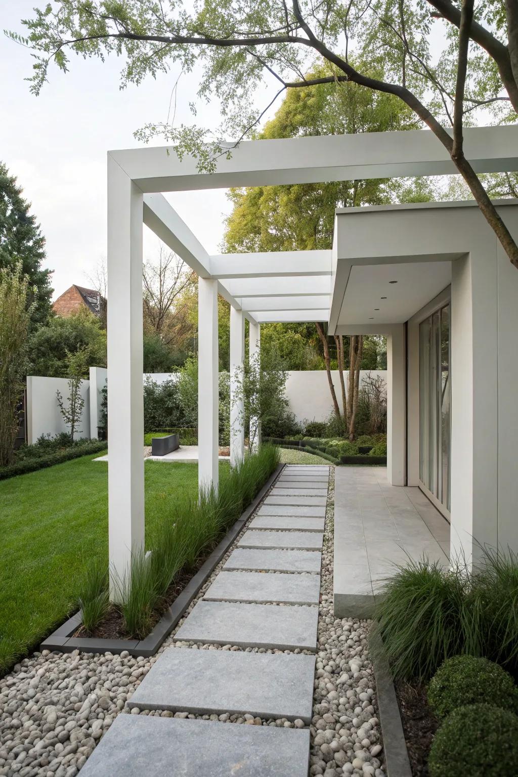 A sleek modern arbor improving a contemporary garden.