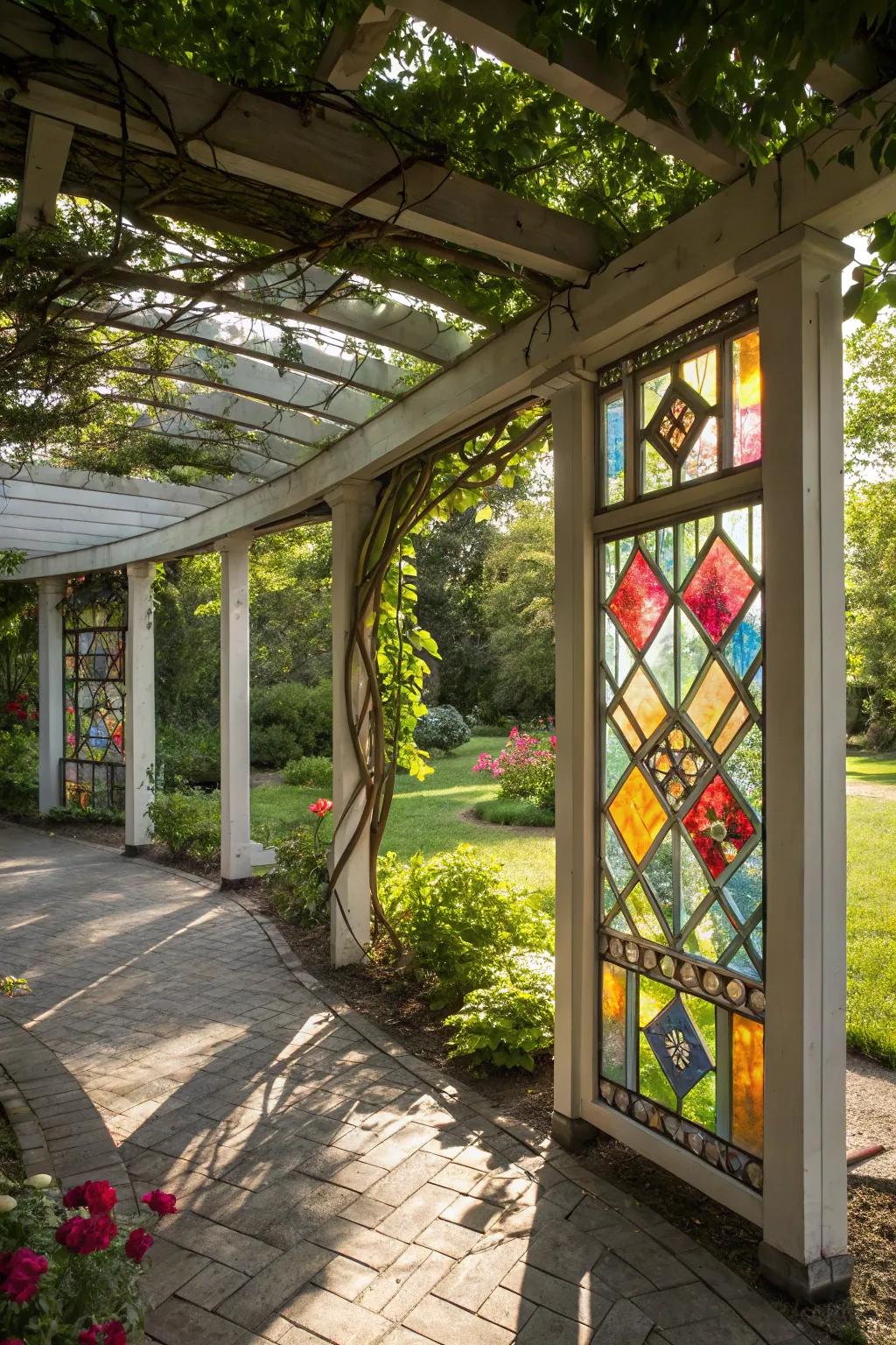 Stained glass panels add a vibrant and artistic touch to an arbor.