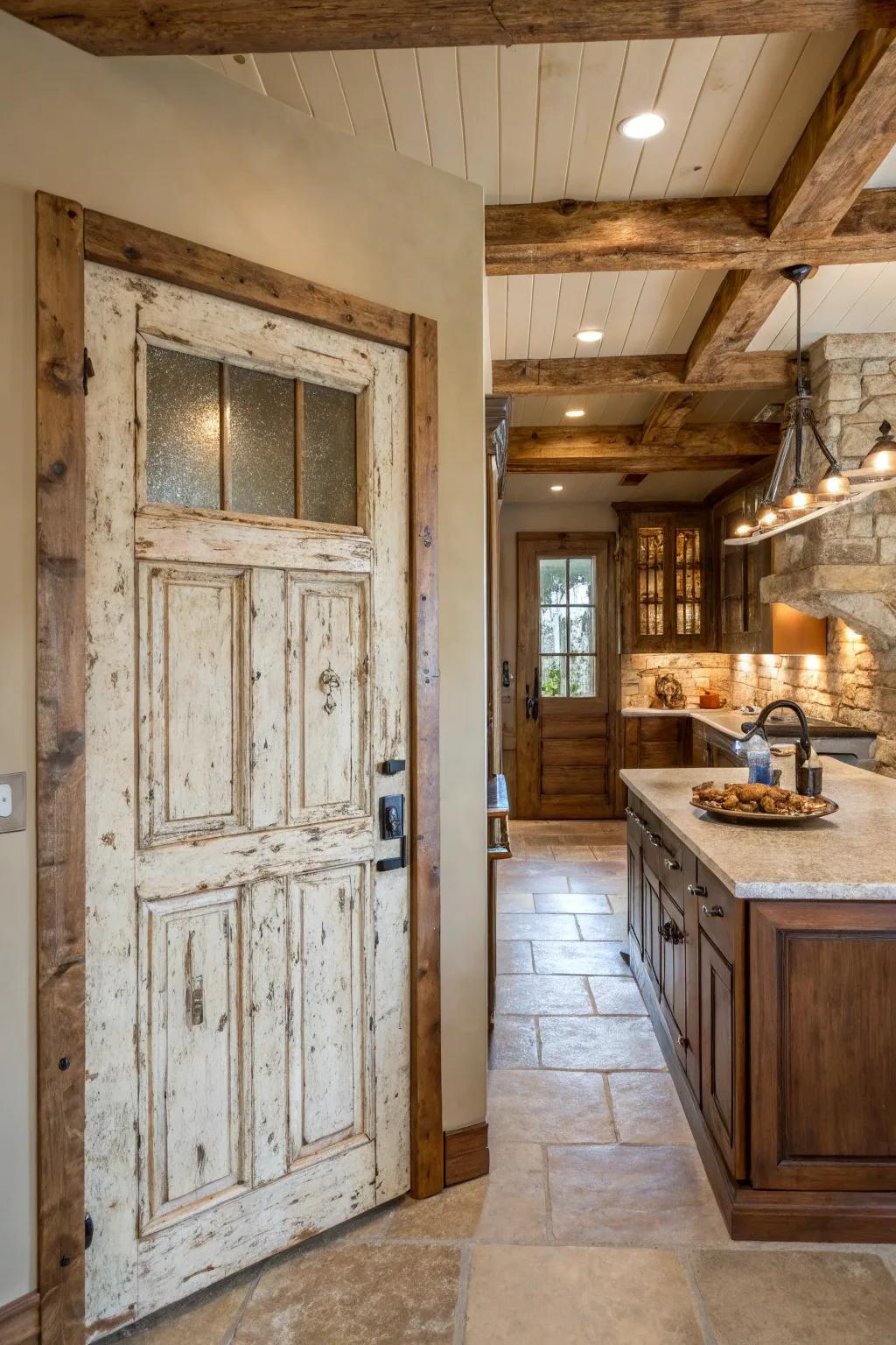 A door showing a distressed texture, giving off vintage charm and warmth.