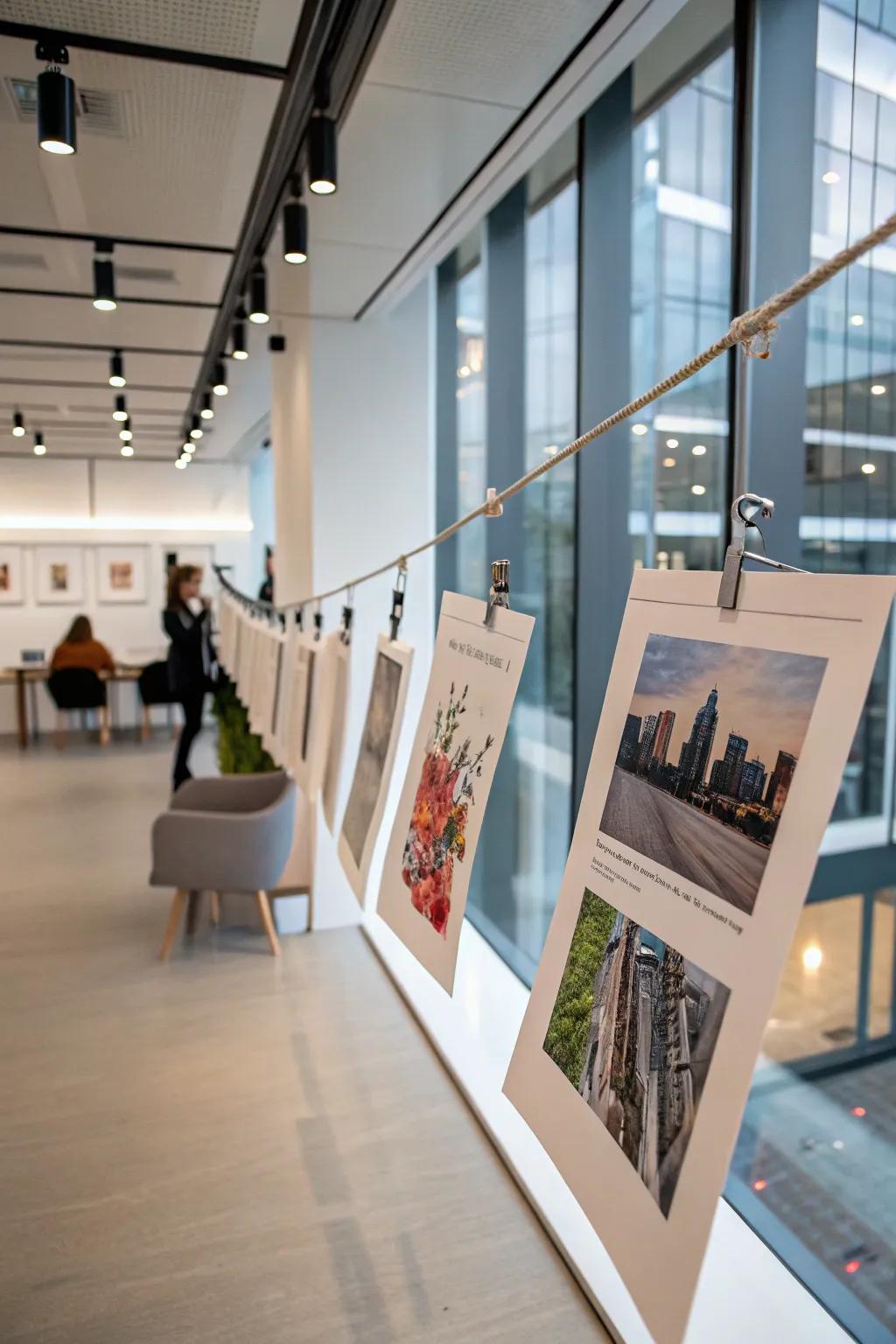 Art prints fastened to a minimalist hanging arrangement.
