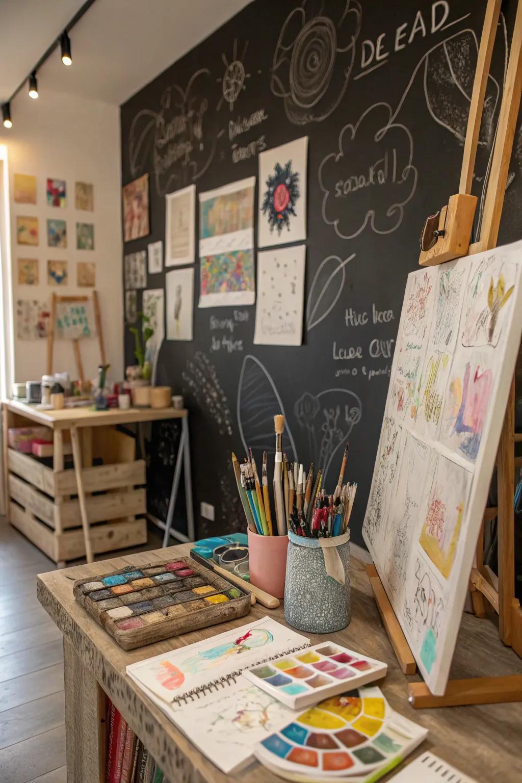 A chalkboard wall keeps ideas at your fingertips.