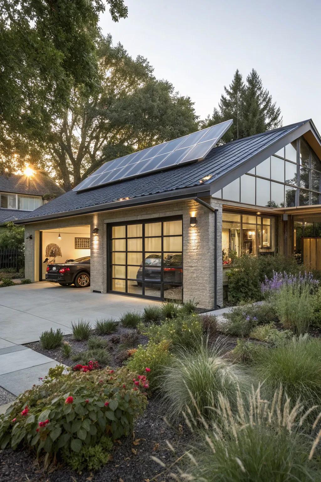 An eco-friendly garage that uses sustainable materials and solar energy.
