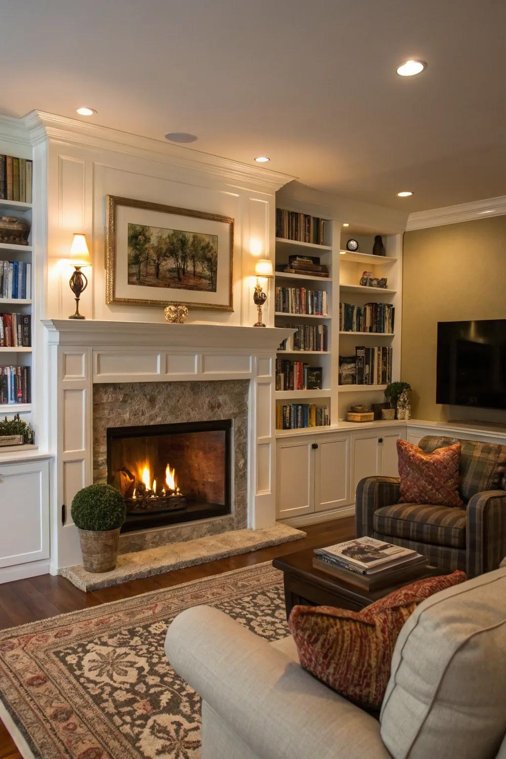 Shelves that are built in can give you storage and style around your fireplace.