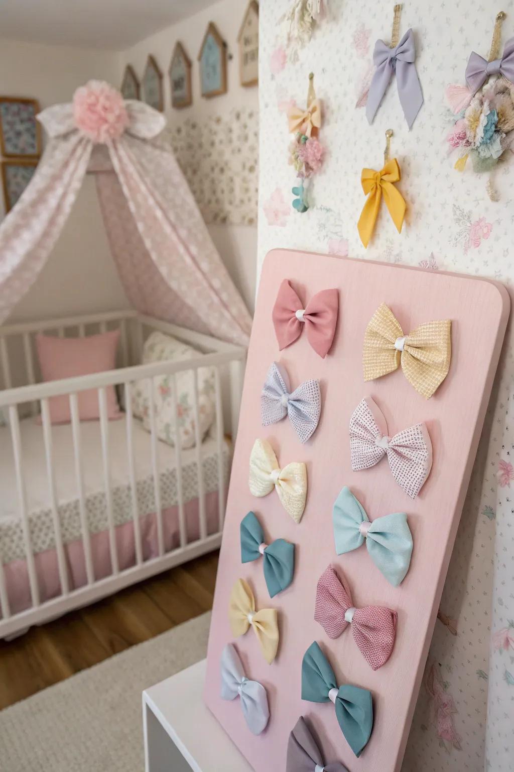 Customized themed board for organizing baby bows.