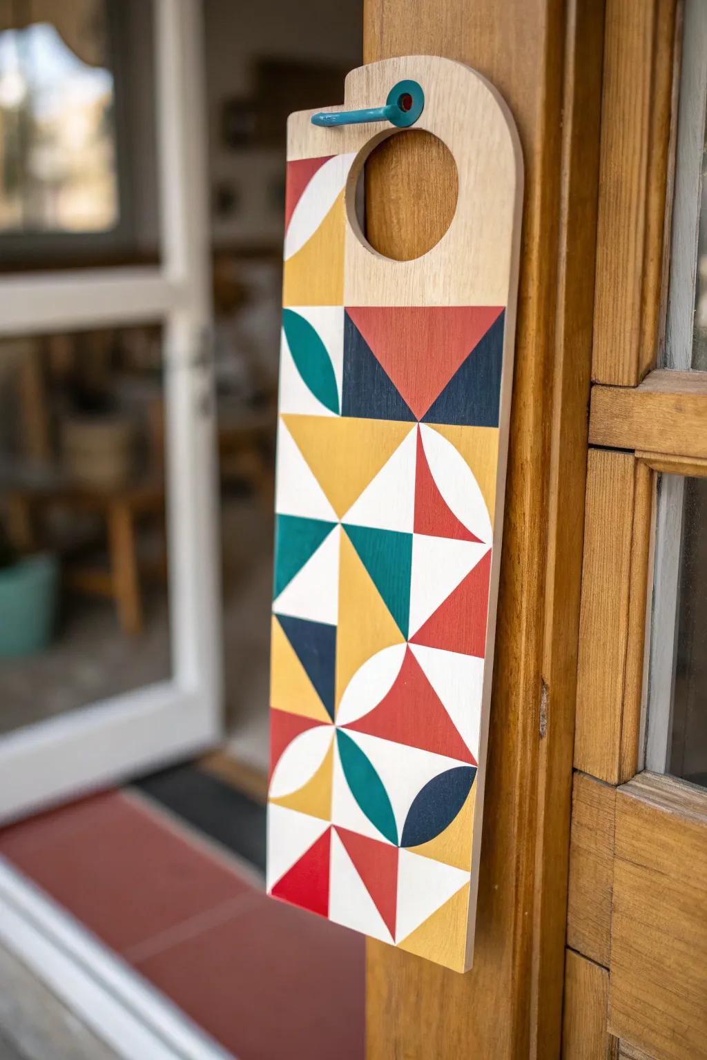 A striking geometric-inspired door adornment with a modern design.
