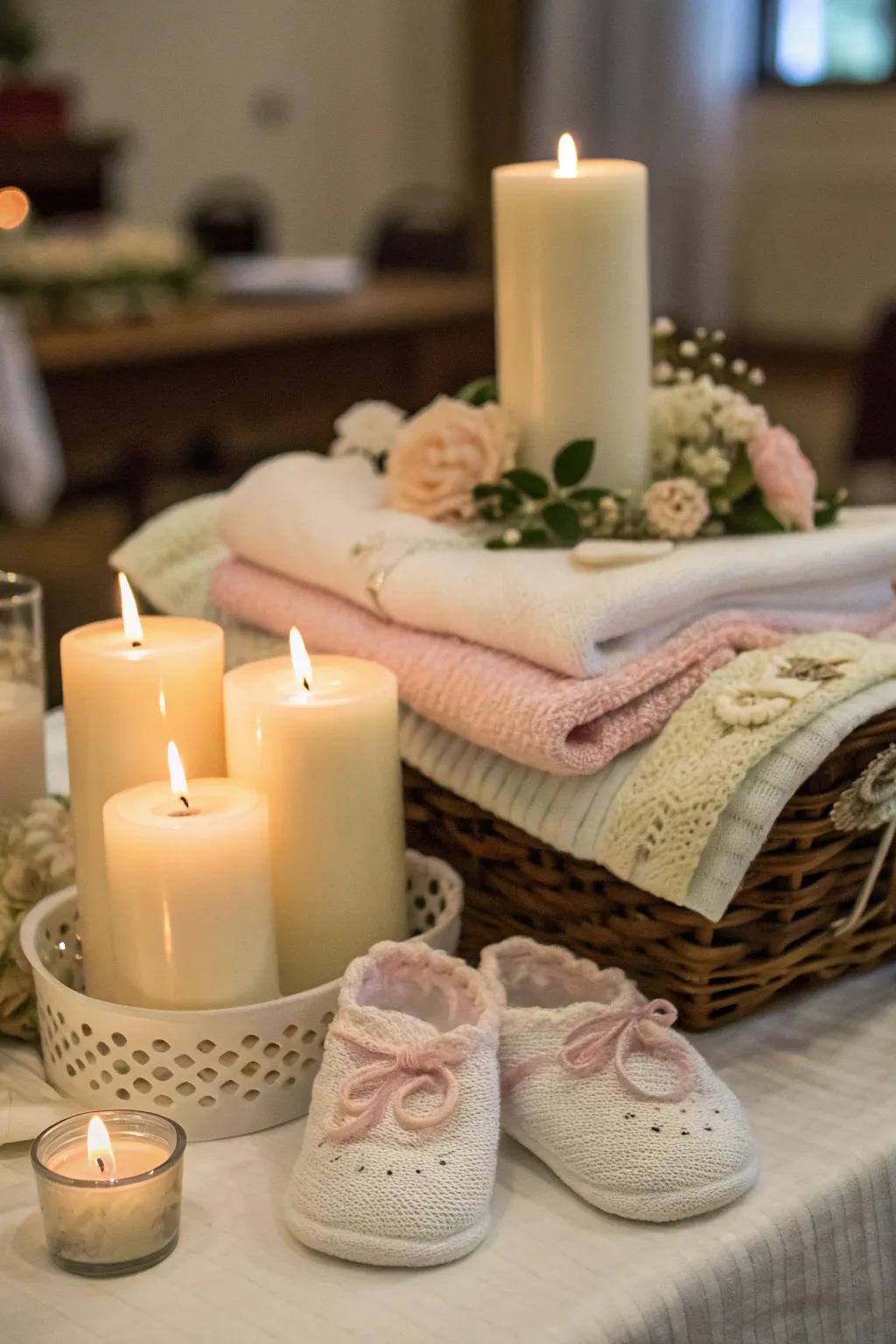 Candles and baby items create a cozy, warm ambiance.