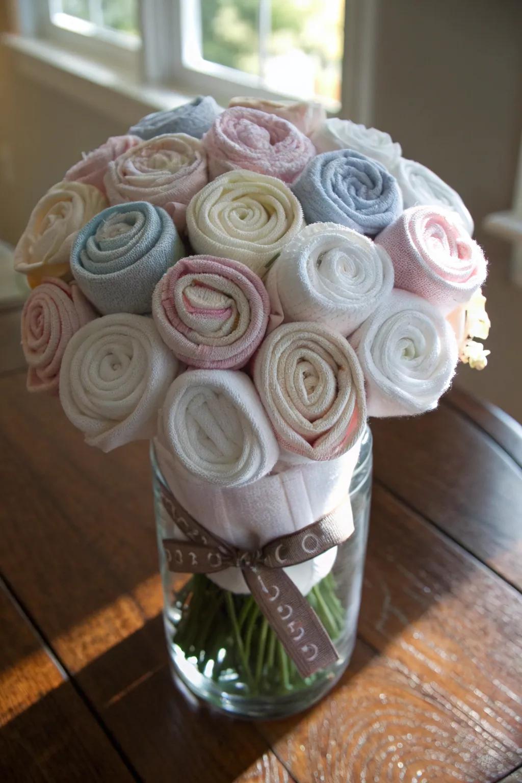 A stunning flowering arrangement made from baby clothes, a practical and beautiful gift.