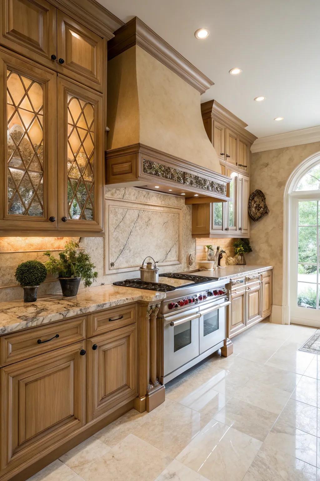 Stone panels add a touch of beauty to maple cabinets.