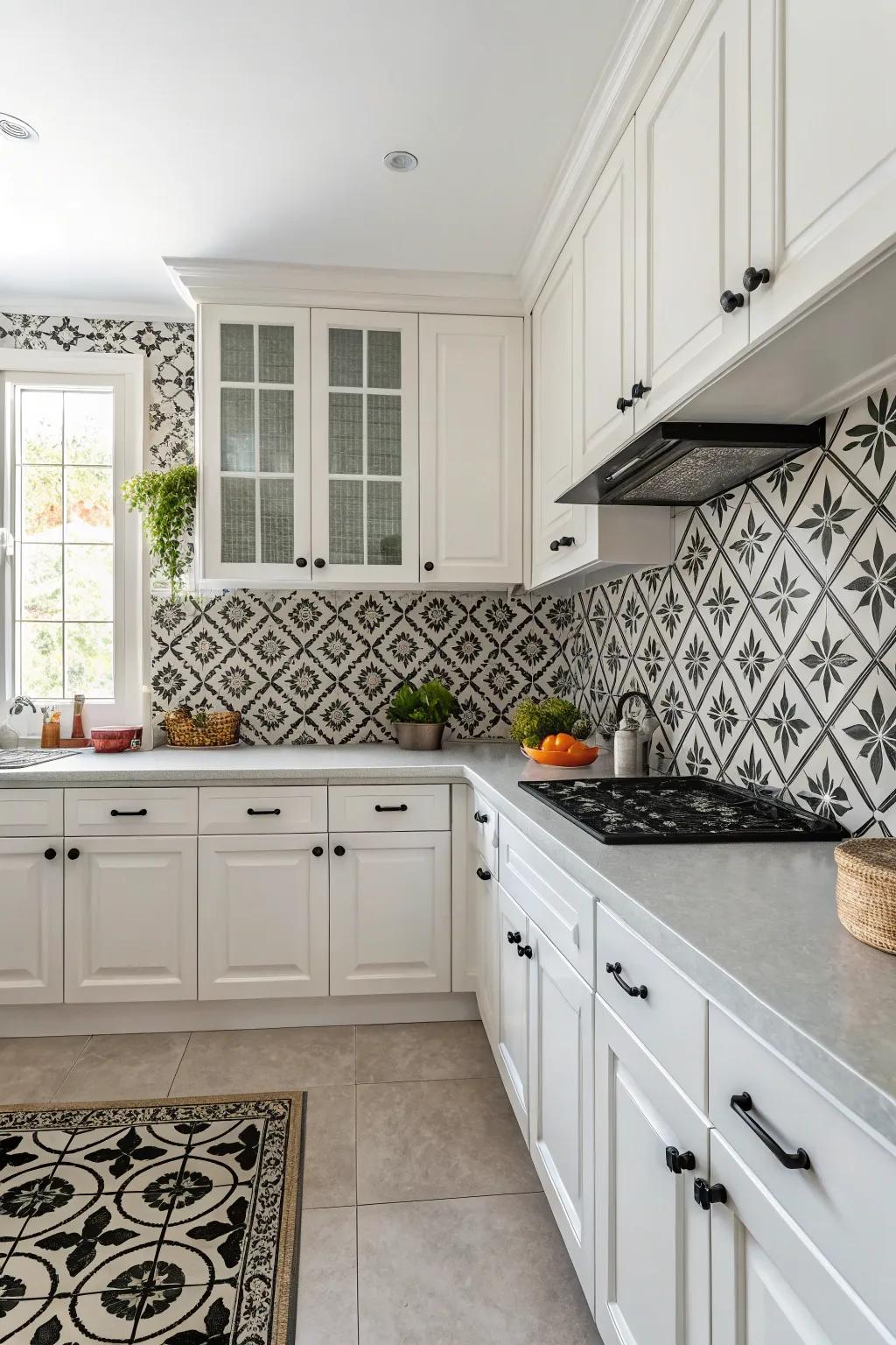 A black and white backsplash adds timeless elegance to this kitchen.