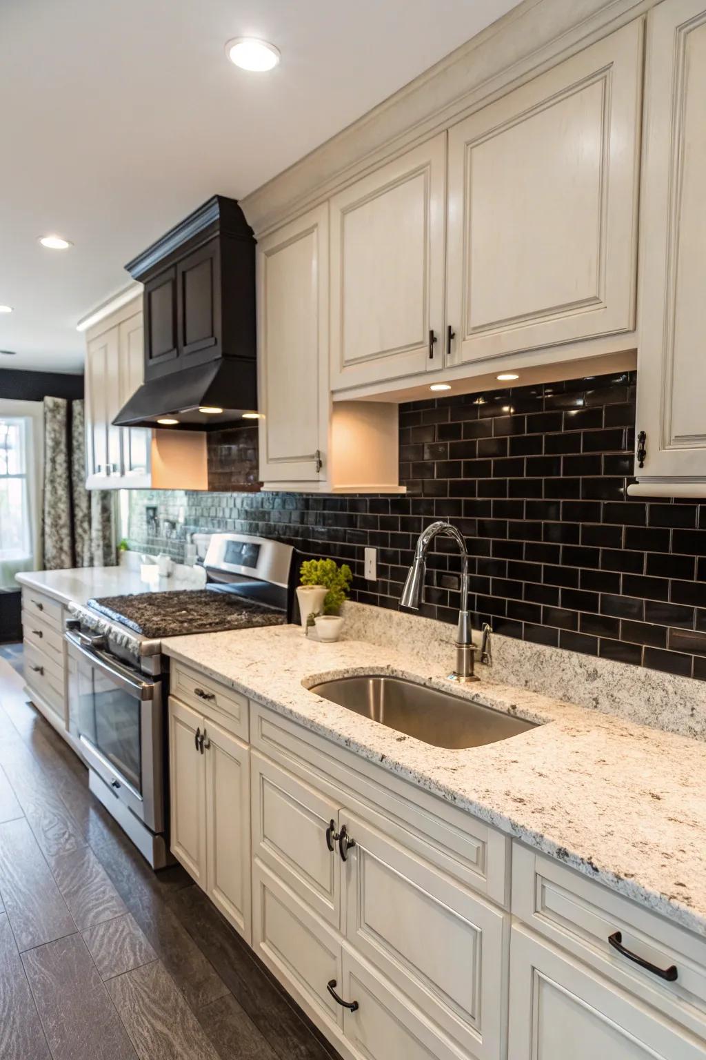 Light granite contrasts dramatically with the dark backsplash.