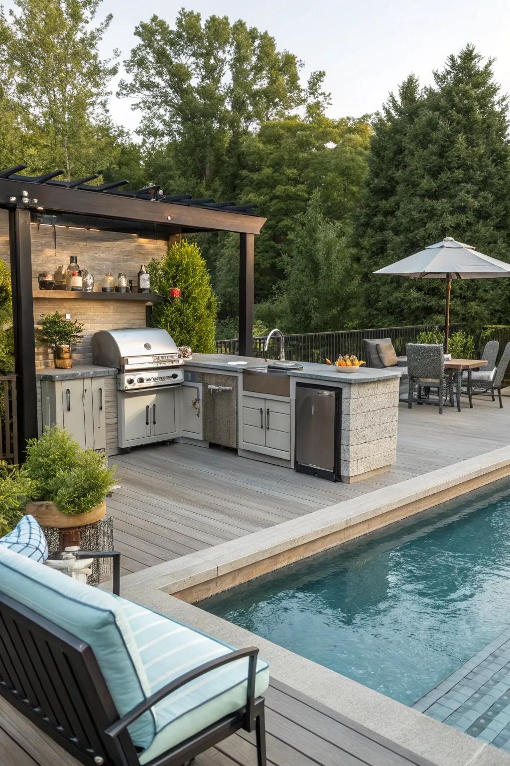 An outdoor kitchen makes poolside gatherings even more enjoyable.
