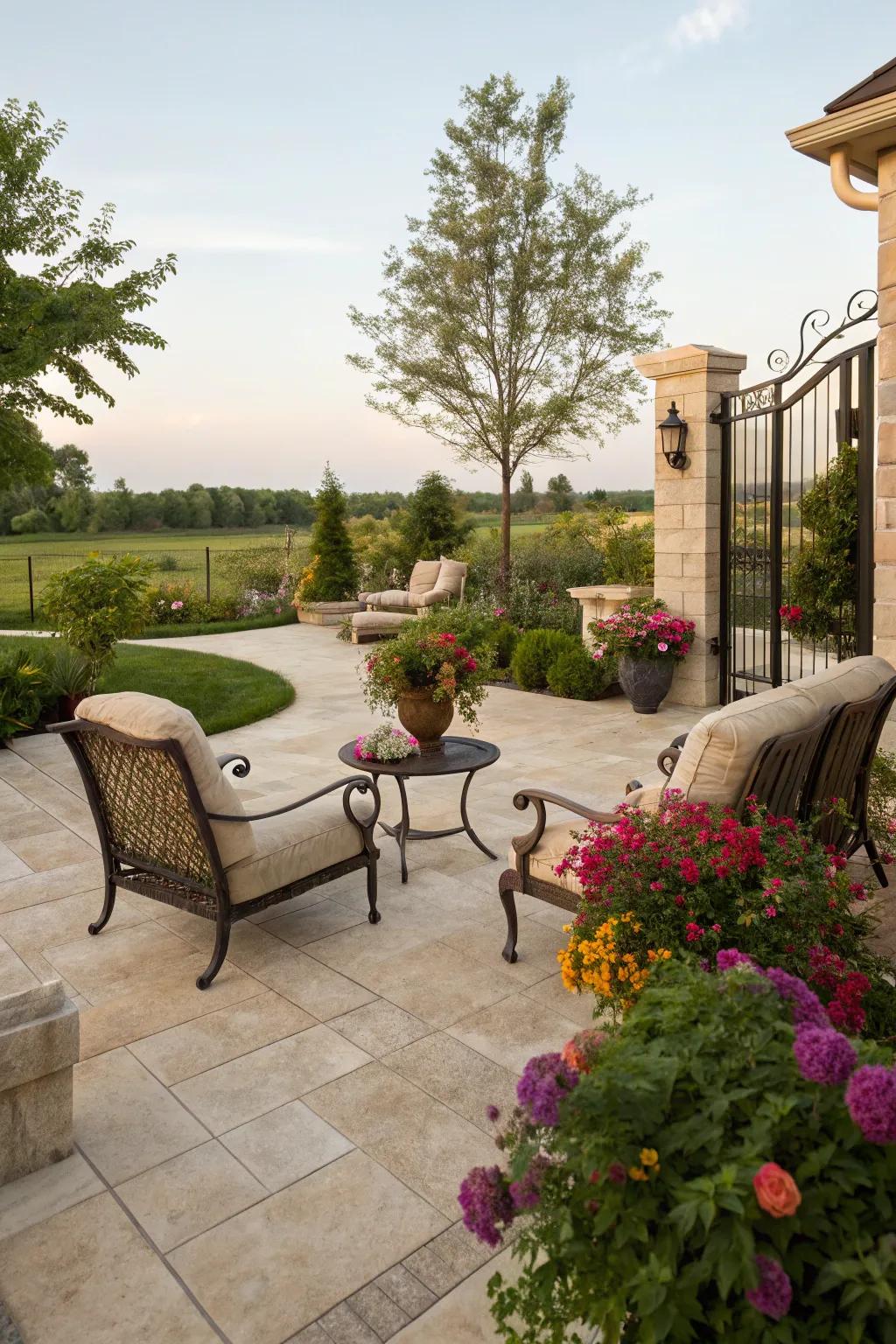 Travertine tiles infuse luxurious Mediterranean grace into patios.