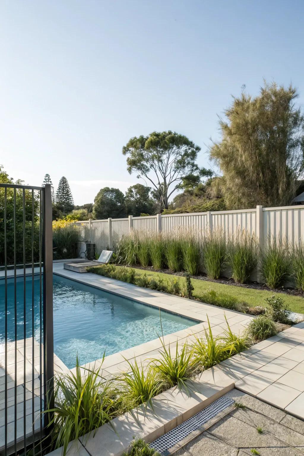 A secluded backyard pool zone with understated enclosures.
