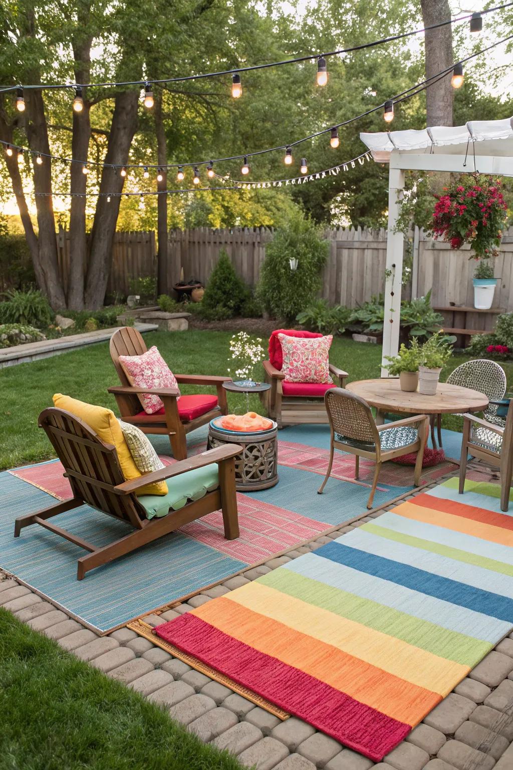 Outdoor rugs define space and add color.