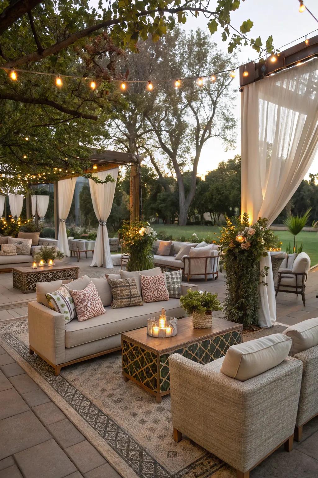 A chic and comfortable open-air relaxation zone for party guests.