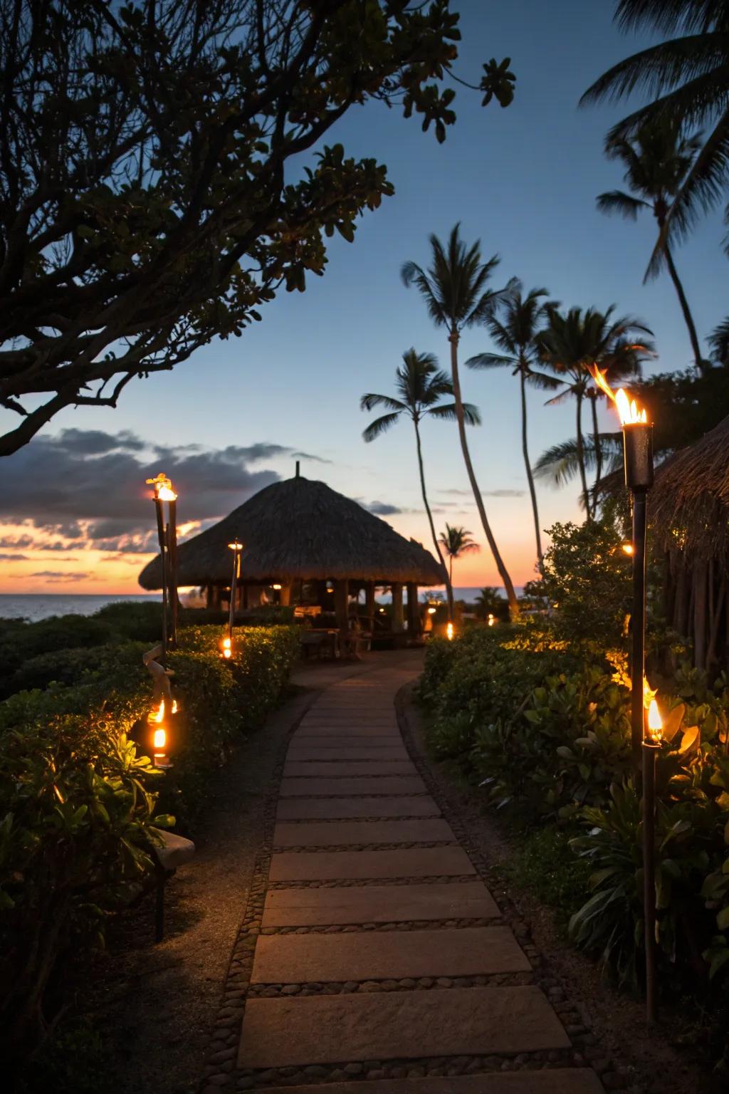 Tiki burners light the path to your tropical hideaway.