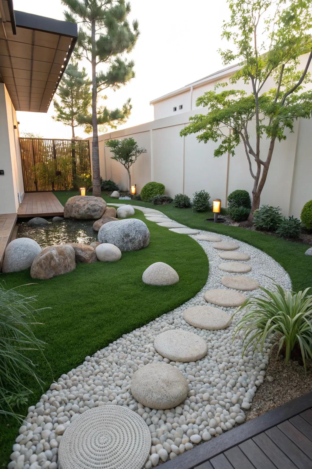 A peaceful Zen garden featuring rich turf.