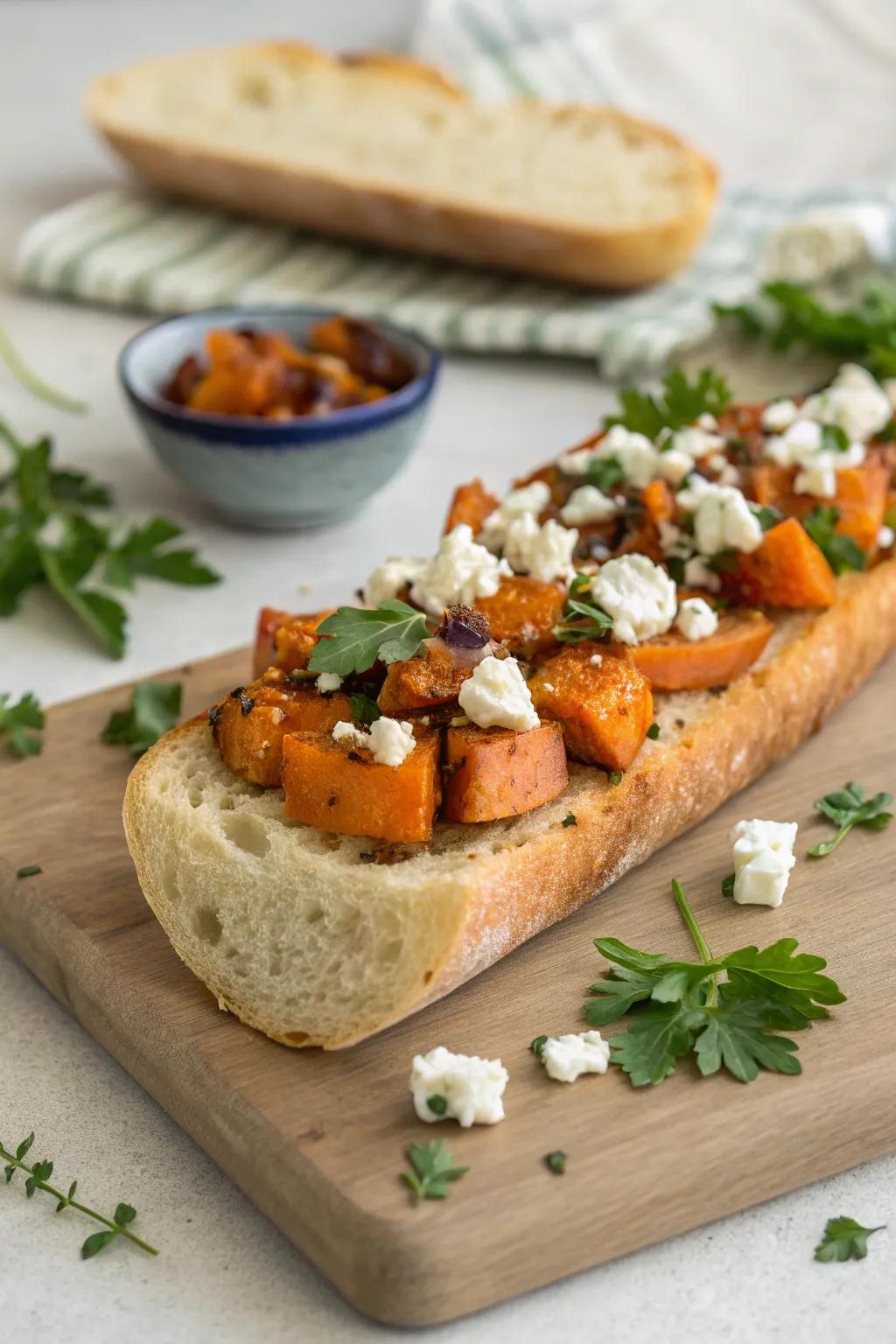 A hearty fusion of yams and salty cheese on a baguette.