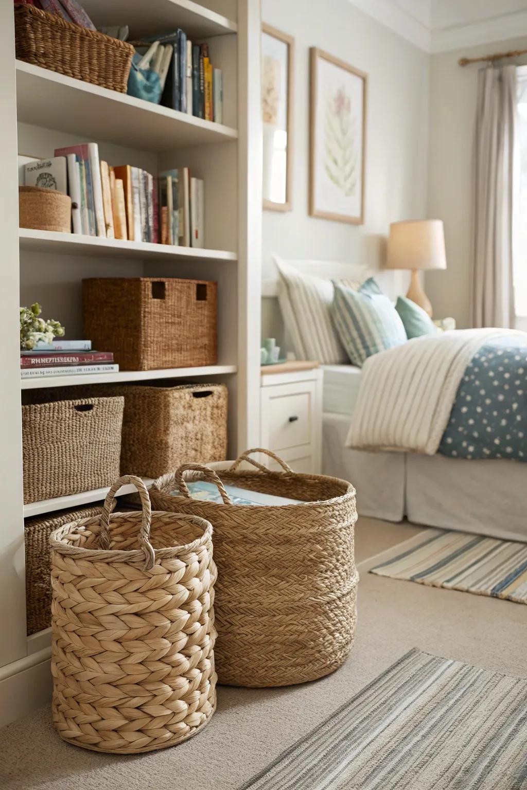 Woven receptacles combine function with rustic charm.