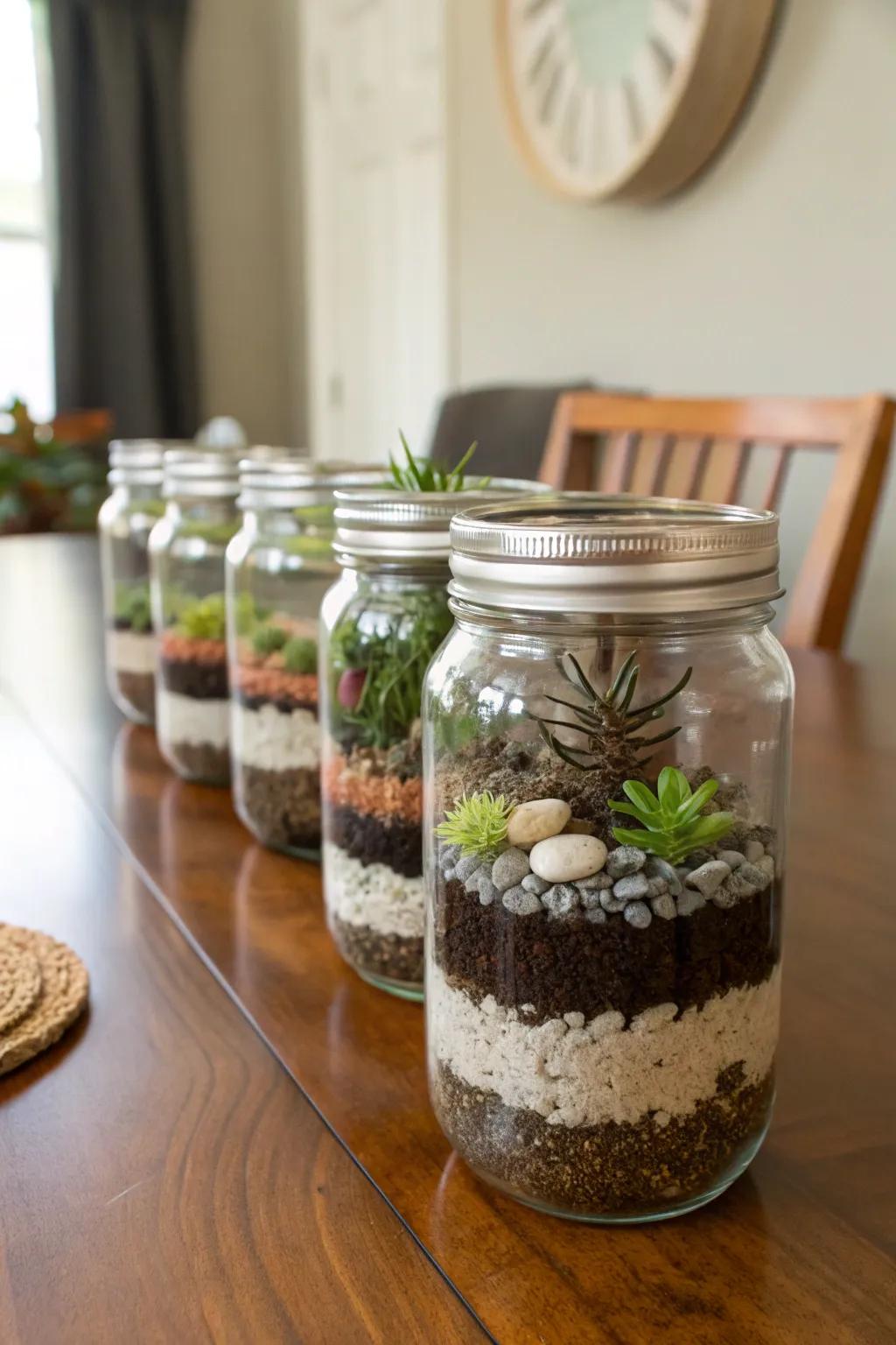 Charming terrariums crafted from ball jars add natural beauty.