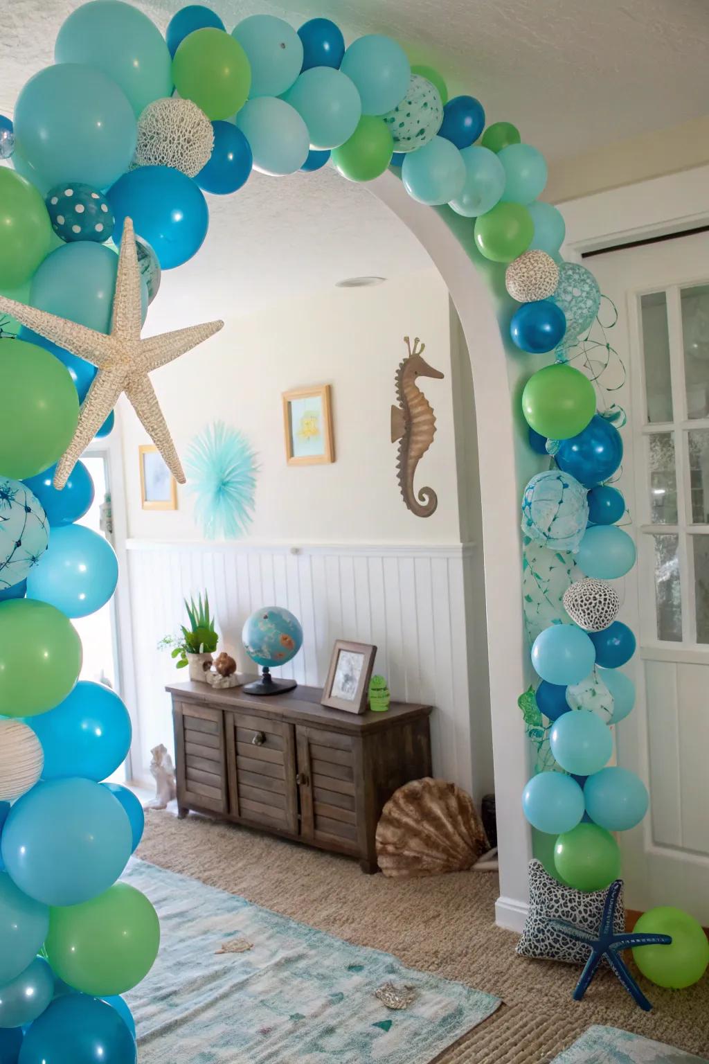 Blue and green balloons create an underwater fantasy.