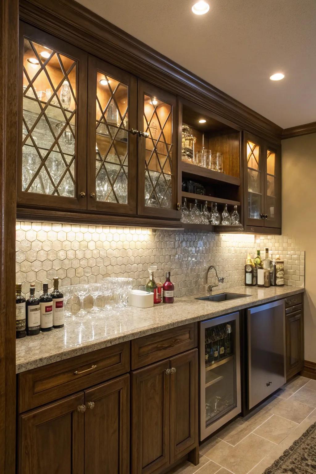 A home bar with below-cabinet illumination illuminating the tile backsplash.