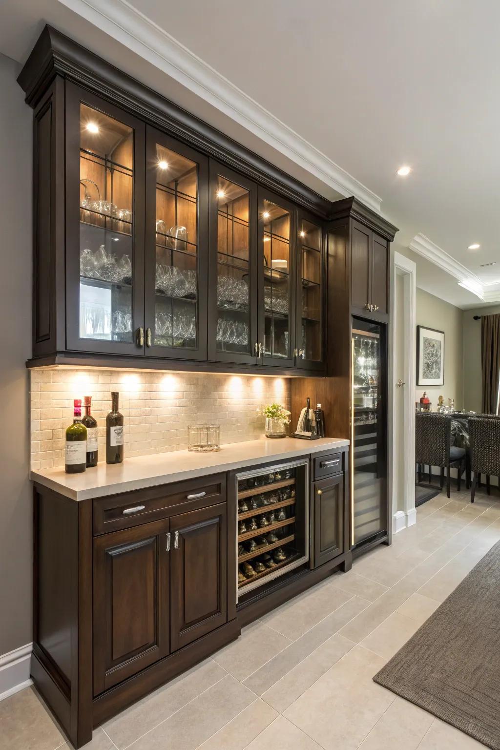 Custom cabinetry creates a tailored and cohesive bar space.